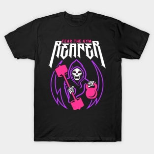 Fear The Gym Reaper (Kettlebell & Barbell) Funny Fitness Pun T-Shirt